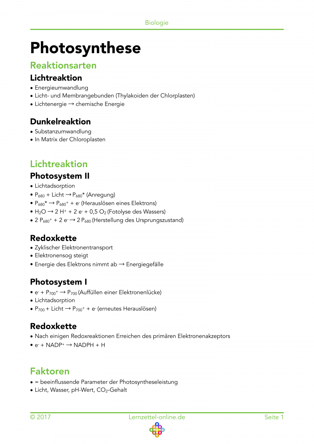 Lernzettel Photosynthese Seite 1